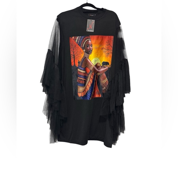 African art design Black Dress with Vibrant Artistic Design NEW - Picture 6 of 6